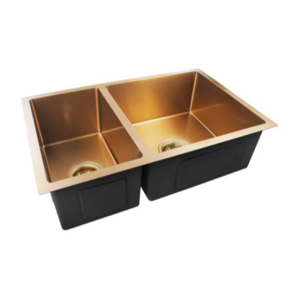 SINK |  1.2mm 710x450x205mm Brushed Yellow Gold Handmade Round Corners Double Bowls Top Under Flush Mount Kitchen Sink Online now